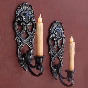 Victorian Gothic Wall Sconce Candle Holders | Vintage | Black & Silver | Goth Home Decor | Pair of Baroque Candlesticks | French Provincial