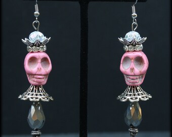 Crowned Skull Queen Drop Earrings | Pink Skulls Silver Finish Mirrored Teardrop Bead | Gothic Jewelry | Pastel Goth | Female Punk