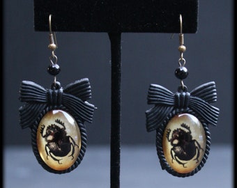 Black Dung Beetle Cameo Bow Earrings | Oddity | Curiosity | Victorian Gothic Jewelry | Entomology | Scarab | Insect | Accessories