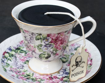 Floral Victorian Gothic Black Tea Cup Candle | Cup & Saucer | Blackberry Sage Tea Scented | Goth Wonderland | Poison Skull Tag | Spring Gift