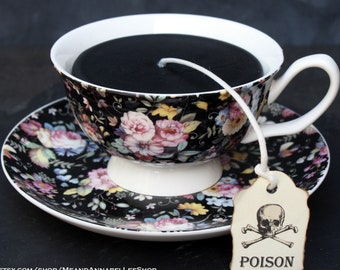 Victorian Gothic Black Tea Cup Candle | Floral Cup & Saucer | Sweet Sandalwood Scent | Poison Skull Tea Tag | Goth Home Decor  | Spring Gift