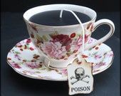 Floral Strawberry Vine Victorian Gothic Black Tea Cup Candle | Cup & Saucer | Bergamot Scented | Poison Skull Tea Tag | Alice in Wonderland