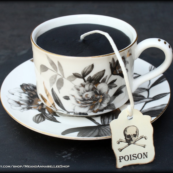 Victorian Gothic Black Tea Cup Candle | Black Gold Peonies Cup & Saucer Set | Nutmeg Cedar Scent | Tea Party | Poison Skull Tea Tag
