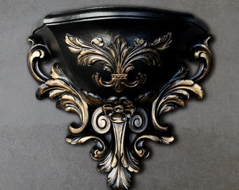 Victorian Gothic Wall Pocket | Hollywood Regency Black Gold Sconce | Vintage Syroco | Wall Planter | Goth Home Decor | Baroque | Vampire