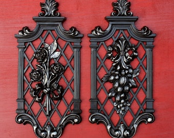 Victorian Gothic Wall Plaques | Pair of Ornate Baroque Wall Hangings | 4 Styles | Black and Pewter Garden Trellis Art | Goth Home Decor