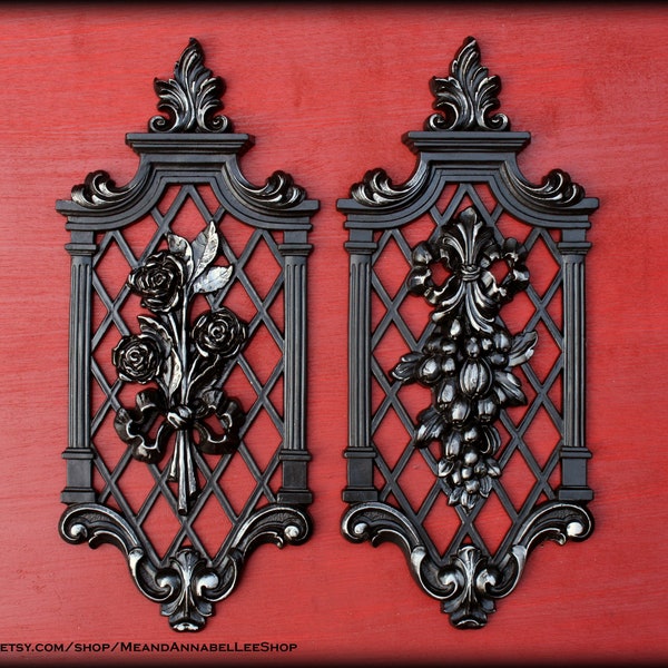 Victorian Gothic Wall Plaques | Pair of Ornate Baroque Wall Hangings | 4 Styles | Black and Pewter Garden Trellis Art | Goth Home Decor