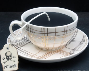 Gold White Plaid Victorian Gothic Black Tea Cup Candle | Cup & Saucer | Apple Clover Scented | Poison Skull Tea Tag | Goth Home Decor