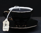 Victorian Gothic Tea Cup Candle | Black with Gold Accent Cup & Saucer | Vanilla or Rosemary Currant Scent | Poison Skull Tea Tag | Tea Party