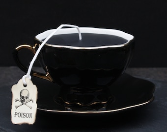 Victorian Gothic Tea Cup Candle | Black with Gold Accent Cup & Saucer | Vanilla or Rosemary Currant Scent | Poison Skull Tea Tag | Tea Party