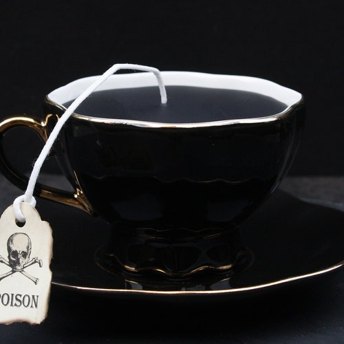 Victorian Gothic Tea Cup Candle | Black with Gold Accent Cup & Saucer | Vanilla or Rosemary Currant Scent | Poison Skull Tea Tag | Tea Party