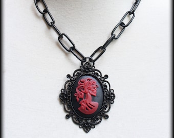 Lady Skull Cameo Necklace | Black & Red Skeleton | Victorian Gothic Jewelry | Heavy Chain Link | Goth | Curiosity | Steampunk Accessories