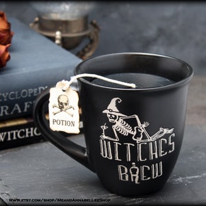 Witches Brew Candle | Halloween Coffee Mug / Tea Cup  | Black Raspberry Vanilla Scent | Potion Skull Tea Tag | Skeleton Witch | Witchcraft