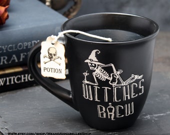 Witches Brew Candle | Halloween Coffee Mug / Tea Cup  | Black Raspberry Vanilla Scent | Potion Skull Tea Tag | Skeleton Witch | Witchcraft