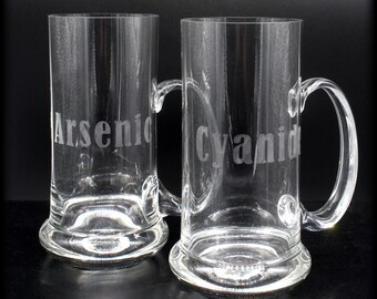 Pair of Poison Etched Beer Mugs | Arsenic Cyanide Glassware Set | Apothecary Bar Ware | Etching | Halloween Glasses | Pharmacy