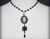 Grey & Black Victorian Cameo Necklace with Jet Black Vintage Beaded Pendant and Chain - Vintage Steampunk Gothic Goth Rocker