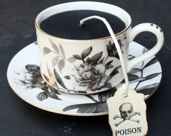 Victorian Gothic Black Tea Cup Candle | Black Gold Peonies Cup & Saucer Set | Nutmeg Cedar Scent | Tea Party | Poison Skull Tea Tag