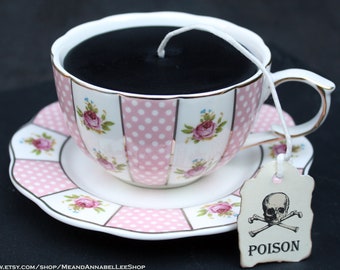 Victorian Gothic Black Tea Cup Candle | Pink Roses and Polka Dots Stripe Cup & Saucer | Black Raspberry Vanilla Scent | Poison Skull Tea Tag