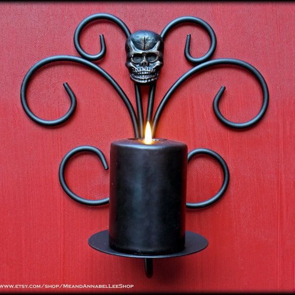 Gothic Skull Wall Sconce Candle Holder | Black and Spanish Copper | Goth Home Decor | Ornate Medieval Candlestick | Halloween Decoration