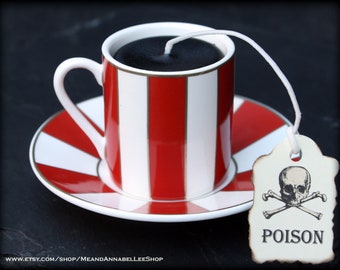 Red and White Stripe Gothic Espresso Cup Candle | Cup & Saucer | Valentine Gift | Red Currant | Poison Skull Tea Tag | Goth Home Decor