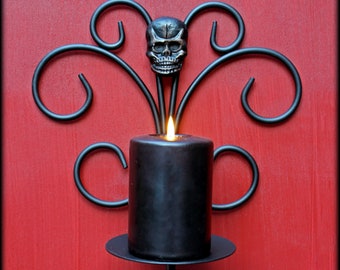 Gothic Skull Wall Sconce Candle Holder | Black and Spanish Copper | Goth Home Decor | Ornate Medieval Candlestick | Halloween Decoration