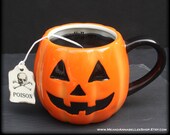 Happy Halloween Jack O Lantern Mug Candle - Orange Pumpkin Tea Cup - Black Candle - Pumpkin Pie Scented - Poison Tea Tag - Spooky