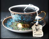 Gothic Black Victorian Tea Cup Candle - Turquoise Blue Black Gold Cup & Saucer - Sandalwood Scented - Poison Tea Tag - Alice in Wonderland