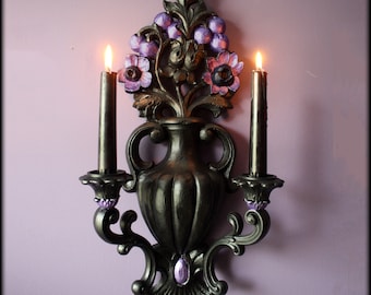 Victorian Gothic Wall Sconce Candle Holder, Goth Home Décor, Baroque Vase Urn, Carved Flower Bouquet, Ornate Double Candlestick, Victoriana