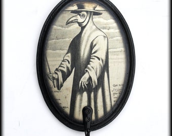 Plague Doctor Wall Hook | Black Wooden Oval Wall Hanger | Goth Home Decor | Pandemic | Victorian Gothic | Halloween | Steampunk | Bird Mask