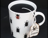 Beetles Coffee Mug Black Candle | Halloween Decor | Mahogany Spice Scent | Poison Skull Tea Tag | Spooky Insects