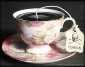Gothic Black Victorian Tea Cup Candle - Romantic Pink Floral Cup & Saucer - Passion Fruit Scented - Poison Tea Tag - Alice in Wonderland
