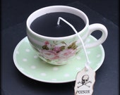 Floral Victorian Gothic Black Tea Cup Candle | Mint Green Stripe Cup & Polka Dot Saucer | Clove Bud Scent | Poison Skull Tag | Spring