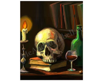 Vanitas Still Life Digital Art Print | Skull, Wine, Candlelight | Gothic Oil Painting | Instant Download | Dark Academia | Haunting Image