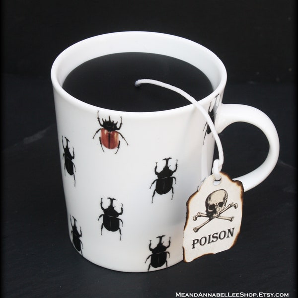Beetles Coffee Mug Black Candle | Halloween Decor | Mahogany Spice Scent | Poison Skull Tea Tag | Spooky Insects