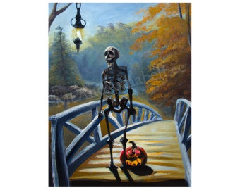 Skeleton Digital Art Print | Halloween Painting | Instant Download | Jack o Lantern | Gothic | Haunted Bridge | Fall Pumpkin | Autumn