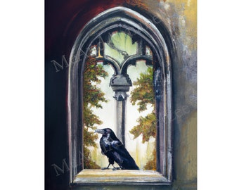 Black Raven Digital Art Print | Gothic Church Window | Painting | Instant Download | Halloween | Haunting Image | Quoth the Raven Nevermore