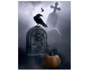 Raven in Haunted Cemetery Digital Art Print | Gothic Painting | Instant Download | Haunting Image | Skull Gravestone | Halloween Pumpkin