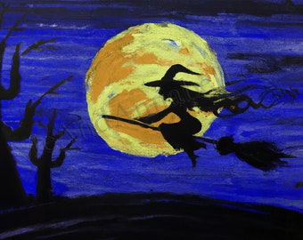 Flying Witch Silhouette Digital Art Print | Halloween Painting | Instant Download | Witches Broom | October Artwork | Full Moon