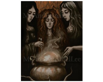 Witches Coven Digital Art Print | Halloween Painting | Instant Download | Casting Spells | Cauldron | Salem Witch | Wiccan | Magic | Pagan