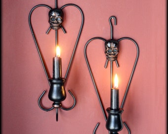 Skull Wall Sconces Set | Pair of Gothic Candle Holders | Goth Home Decor | Skull Art | Wall Decor | Halloween Decoration