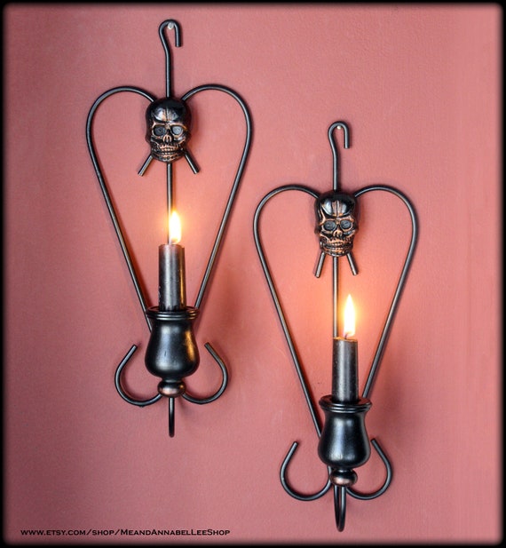 Skull Wall Sconces Set, Pair of Gothic Candle Holders, Goth Home Décor, Skull Art Wall Décor, Halloween Decoration, Spooky Wall Art, Macabre