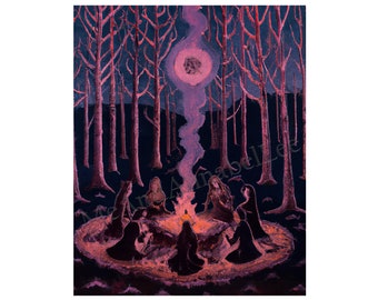 Coven of Witches Digital Art Print | Halloween Painting | Instant Download | Circle of Fire | Witch | Wiccan | Magic | Pagan | Salem