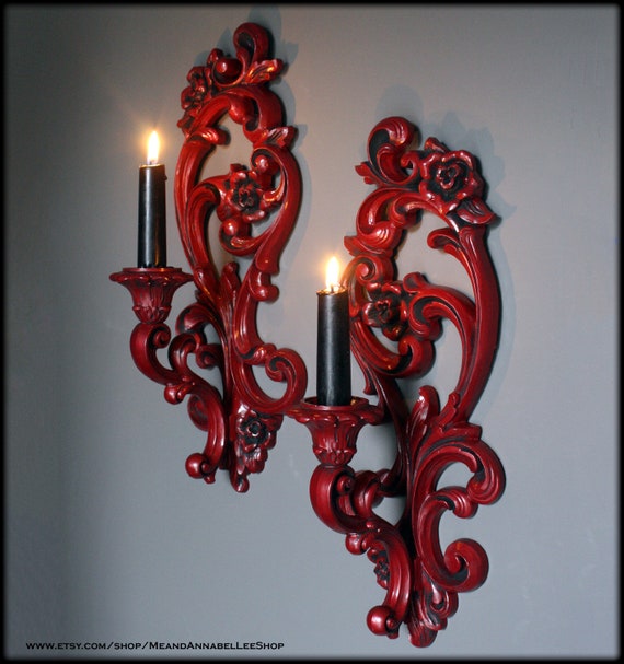 Red Victorian Gothic Wall Sconce Candle Holders Vintage - Red Wall Sconces Candles Red Victorian Gothic Wall Sconce Candle Holders Vintage - Red Wall Sconces Candles