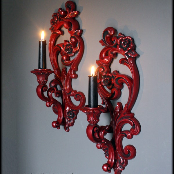 Red Victorian Gothic Wall Sconce Candle Holders | Vintage Syroco | Blood Red / Burgundy & Black | Goth Home Decor | Baroque Candlestick