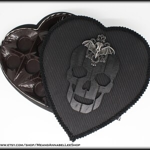 Heart Shaped Box Black Goth Valentine Chocolate Box Gothic Anniversary Gift Anti Valentine's Day Skull and Raven Skull w/ Bat Wings image 5