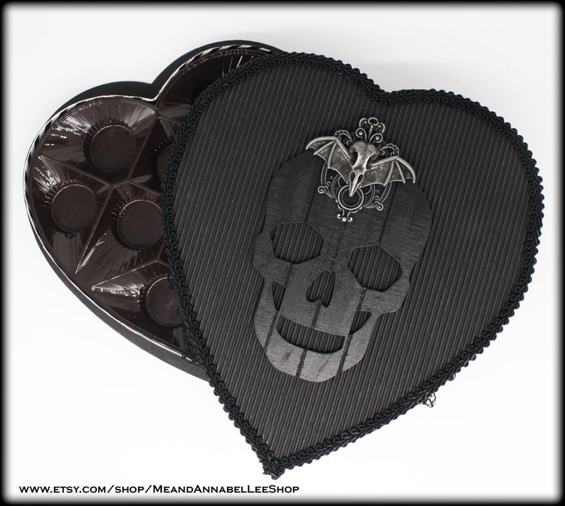 Heart Shaped Box Black Goth Valentine Chocolate Box Gothic Anniversary Gift Anti Valentine's Day Skull and Raven Skull w/ Bat Wings image 5