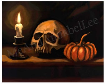 Skull and Pumpkin Digital Art Print | Candlelight | Gothic Oil Painting | Instant Download | Vanitas Still Life | Haunting Image | Halloween