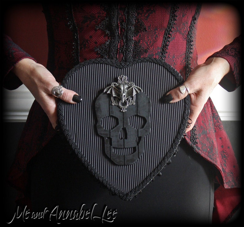 Heart Shaped Box Black Goth Valentine Chocolate Box Gothic Anniversary Gift Anti Valentine's Day Skull and Raven Skull w/ Bat Wings image 1
