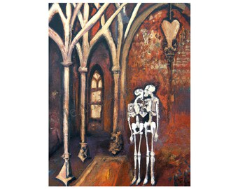 Skeleton Couple in a Gothic Castle Digital Art Print | Skeletons in Love Painting | Instant Download | Haunted Image | Dark Valentine