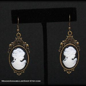 Black White Cameo Earrings | Victorian Gothic Jewelry | Baroque Antique Brass Setting | Goth | Steampunk