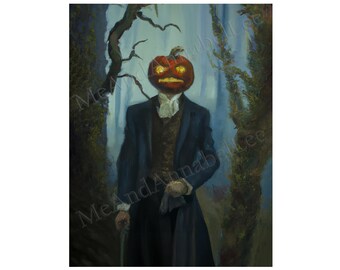 Jack O Lantern Gentleman Digital Art Print | Halloween Painting | Instant Download | Victorian Gothic | Sleepy Hollow | Haunted Forest